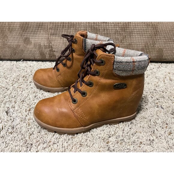 Lugz Womens Brown Ankle Boots With Plaid Collar & Wedge Heel Size 6 Faux Leather - Picture 10 of 11